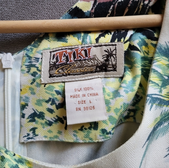 Tiki Classics 100% Silk Summer Dress Beige Palm Tree and Canoe Print Size L - Picture 7 of 8